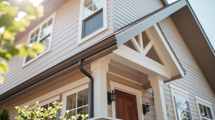 Fototapeta premium Residential Building Exterior with Beige Siding and Dark Gutters