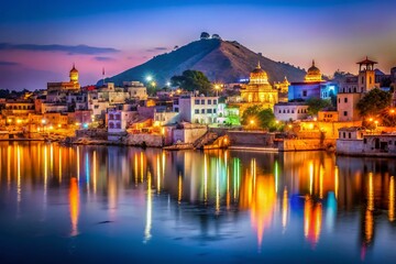 Fototapeta premium Night Photography in Pushkar, India: Illuminated Temples and Holy City