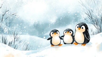 Cute penguin family playing in the snow, surrounded by a serene icy landscape.