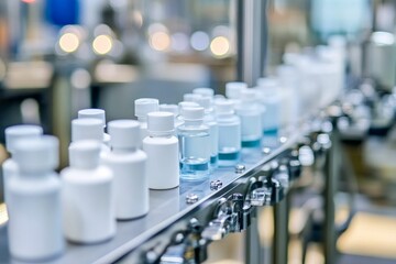 Obraz premium Bottles on conveyor belt, industrial setting.