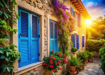 Obraz premium French Village, Blue Shutters, Mediterranean House, Sunny Day, Copy Space
