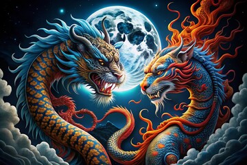 Night Photography: Japanese Dragon Tiger Tattoo Art - Dark Ink, Mystical Design
