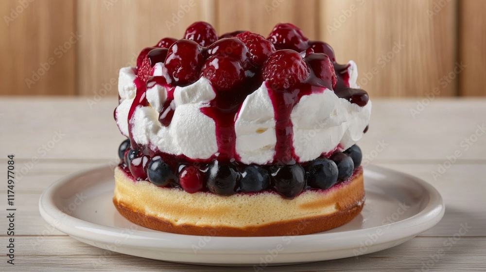 Aufkleber a freshly baked waffle topped with a generous layer of whipped cream, drizzled with berry sauce, pla