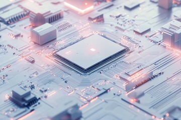 Close up of a semiconductor chip showcasing intricate circuits and components on a clean backdrop