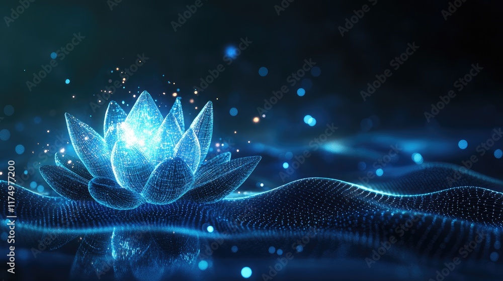 Poster elegant dark blue abstract design with a glowing lotus flower in the foreground, surrounded by soft 