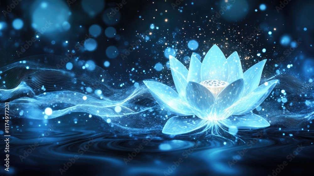 Poster elegant dark blue abstract design with a glowing lotus flower in the foreground, surrounded by soft 