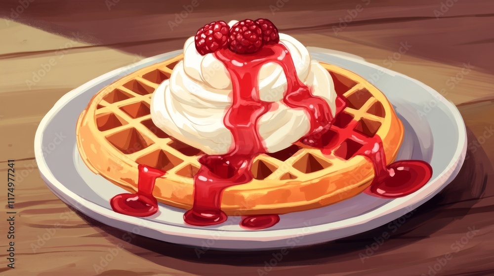 Poster a freshly baked waffle topped with a generous layer of whipped cream, drizzled with berry sauce, pla