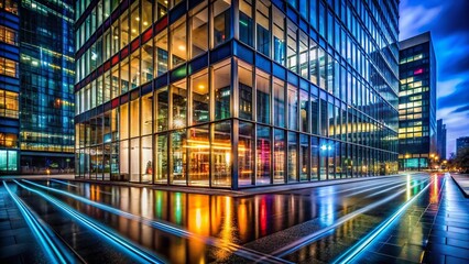Fototapeta premium Night Photography: Modern Glass Building Facade, City Lights Reflection