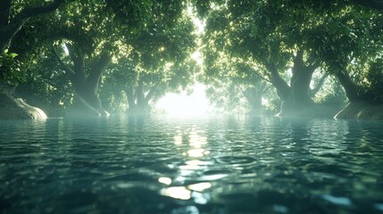Sunlit flooded forest with calm water. Ideal for fantasy, nature, and adventure themes. Suitable for book covers, wallpapers, or game backgrounds.