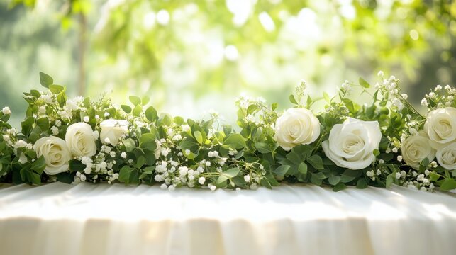 wedding table decorated with white roses and greenery in sunlight