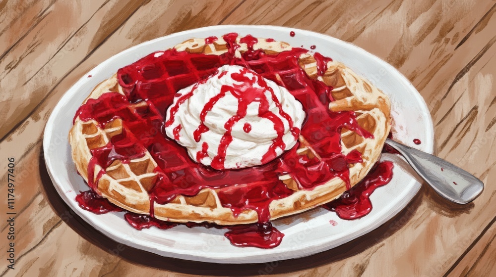 Aufkleber a freshly baked waffle topped with a generous layer of whipped cream, drizzled with berry sauce, pla