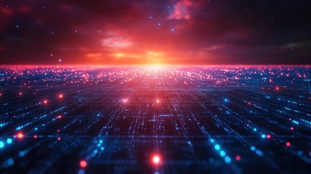 Futuristic digital landscape at sunset.