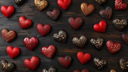 Kompozycja z sercami na tle w stonowanych odcieniach, symbolizująca miłość i Walentynkowy klimat.