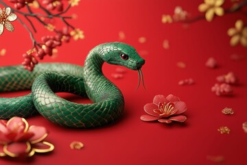 Obraz premium Green snake among golden coins and flowers on red background, symbol of 2025 year