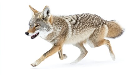 Fototapeta premium A coyote running in motion against a white background.