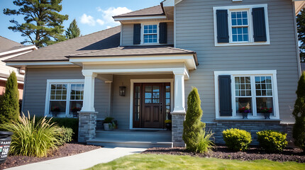 Fototapeta premium A two-story gray house with white trim, a covered front porch, and dark brown front door. The landscaping includes shrubs and grass. The house features multiple windows with dark shutters.