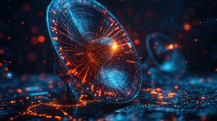 Futuristic glowing satellite dish on tech surface.