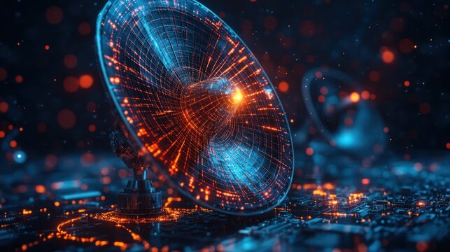 Futuristic glowing satellite dish on tech surface.