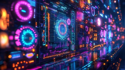 Obraz premium Vibrant eye chart illuminated with colorful lights merging art and vision tools