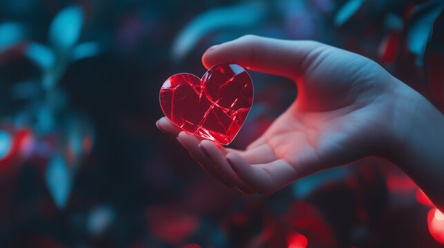 Dłoń kobiety trzymająca naklejkę w kształcie złamanego serca w intensywnym czerwonym kolorze, na czystym, izolowanym tle, symbolizująca smutek lub zakończenie związku.