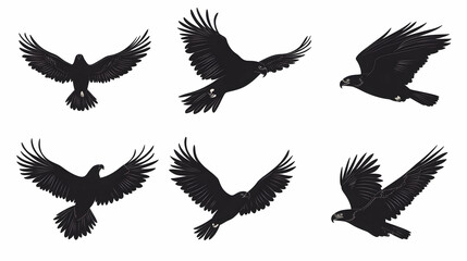 Animals eagle hawk bird fly swoop attack silhouette set collection on white background vector