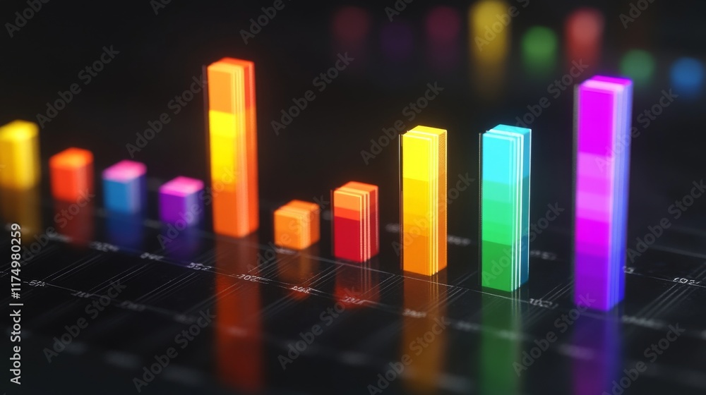 Poster a futuristic d bar graph with colorful, glowing bars rising on a digital screen, showcasing financia