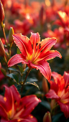 Fototapeta premium Red lily flower blossom in the mist and fog, vertical phone wallpaper background 4k