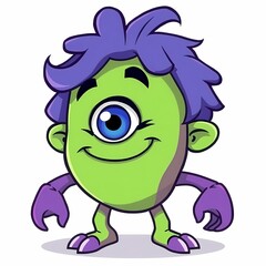 Fototapeta premium One-Eyed Wonder: A friendly cartoon monster with vibrant purple hair, a single blue eye, and a toothy grin. This playful character is perfect for kids' illustrations, branding, or social media. 