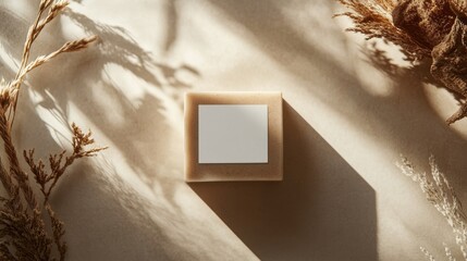 Minimalist product with blank label on taupe surface with natural textures
