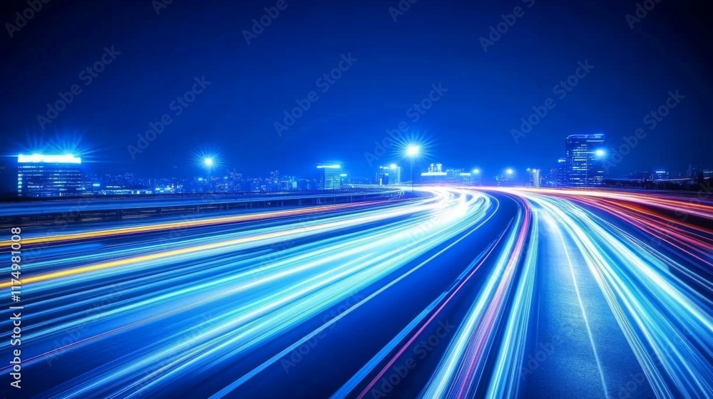 Poster A futuristic cityscape with streaking lights and glowing lines stretching across buildings, symbolizing high-speed light travel within an advanced urban setting