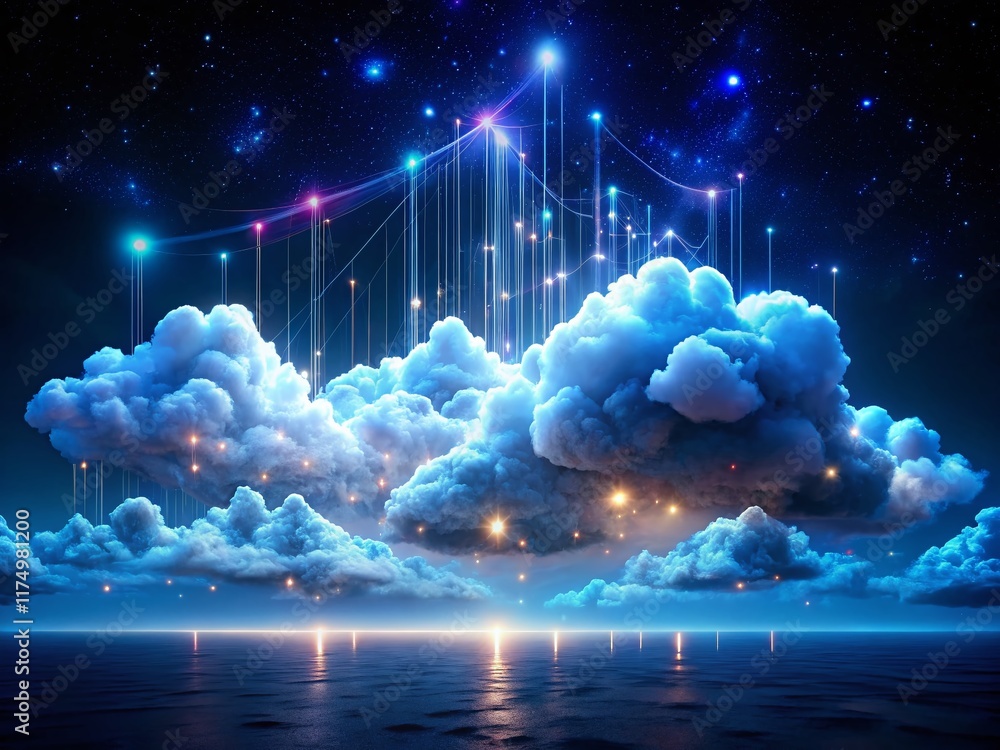 Poster night sky cloud computing: abstract white cloudscape digital data network