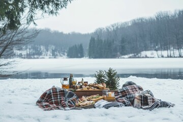 Snowy winter picnic by frozen lake; blankets, food, drinks.
