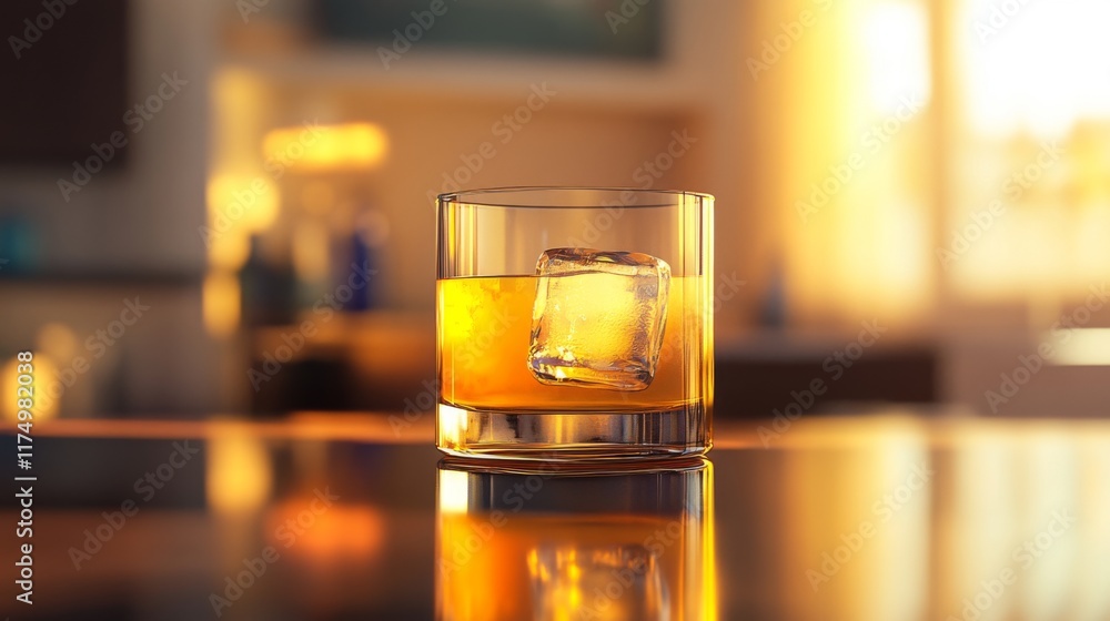 Aufkleber A glass of beer with ice, sitting on a bar counter with reflections from the ice cubes and golden liquid, creating a refreshing and inviting atmosphere