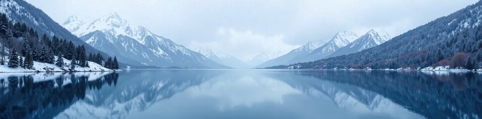 Fototapeta premium A tranquil lake reflects the snow-capped hills above, lake, snowy scenery