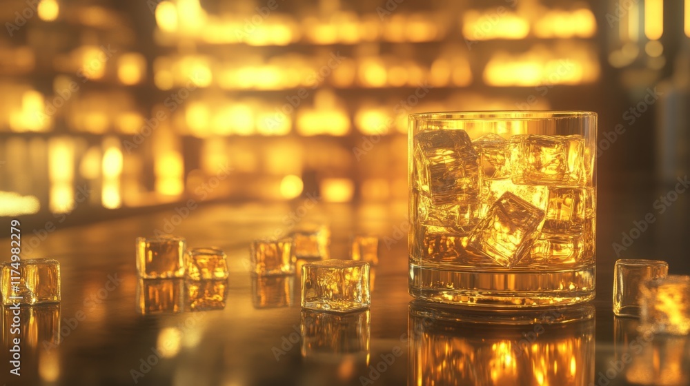 Aufkleber A glass of beer with ice, sitting on a bar counter with reflections from the ice cubes and golden liquid, creating a refreshing and inviting atmosphere