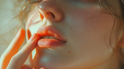 her fingers brushing her jawline, with a blurred pastel background