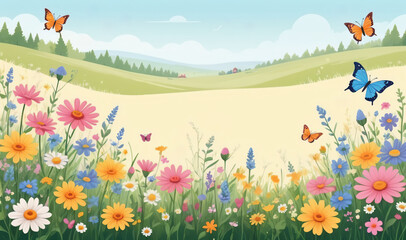 Children's illustration with a meadow of blooming flowers. Spring meadow with wildflowers, butterfly. Summer natural landscape Conceptual design of a children's room.
