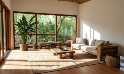Obraz premium A serene and peaceful living room that seamlessly blends natural elements