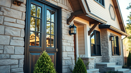 House Exterior with Stone Veneer and Black-Framed Windows