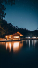 Fototapeta premium Night Lake House, Starry Sky Illustration