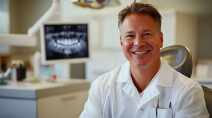 Asian male  dentist smiling in dental clinic. Dentistry concept, healthy white teeth. Dentist in office.