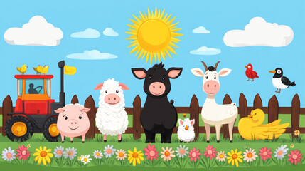 charming cartoon farm animals illustration featuring happy creatures and tractor in a vibrant sunny countryside scene perfect for children's farm animal vector art and clip art designs