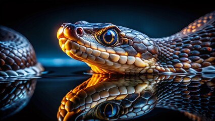 Fototapeta premium Night Water Moccasin, Striking Venomous Snake in Dark Swamp
