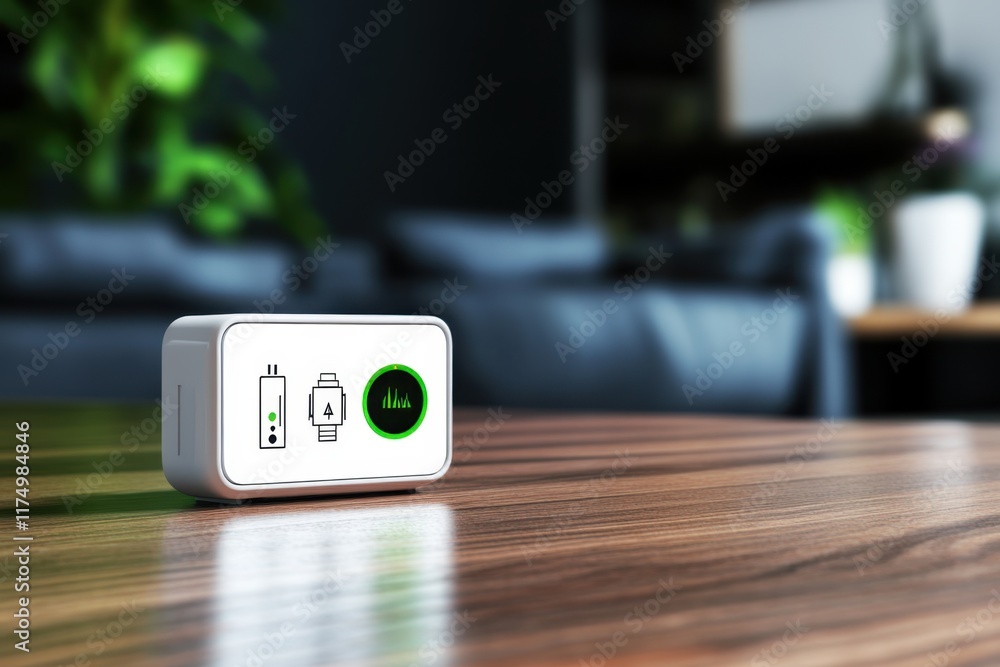 Poster smart device displaying battery status on a wooden table in a modern living room setting
