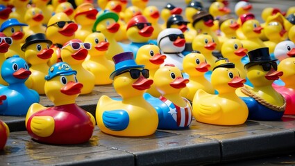 A rubber ducky parade with various sizes and colors of duckies arranged in a row, each with unique accessories like hats and sunglasses.