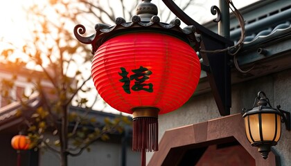 Chinese lantern hanging, Asian architecture, warm sunset