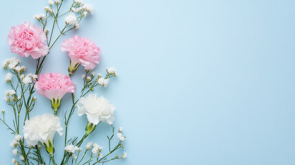 Delicate white flowers are artistically arranged over a soft blue background, With empty space for text. Mother's day concept