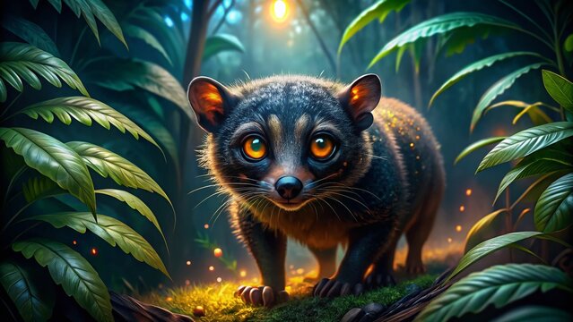 Nocturnal Cryptoprocta: A Feline Shadow in the Rainforest Night