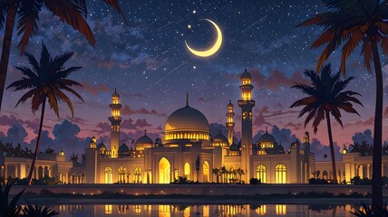 Ramadan Mosque Under Moonlight