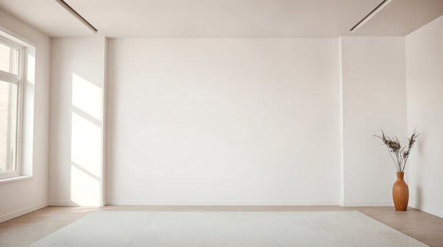 Modern empty room with white walls, wooden floor, and natural lighting. Minimalist interior featuring clay vase, ideal for mockups and real estate photography.